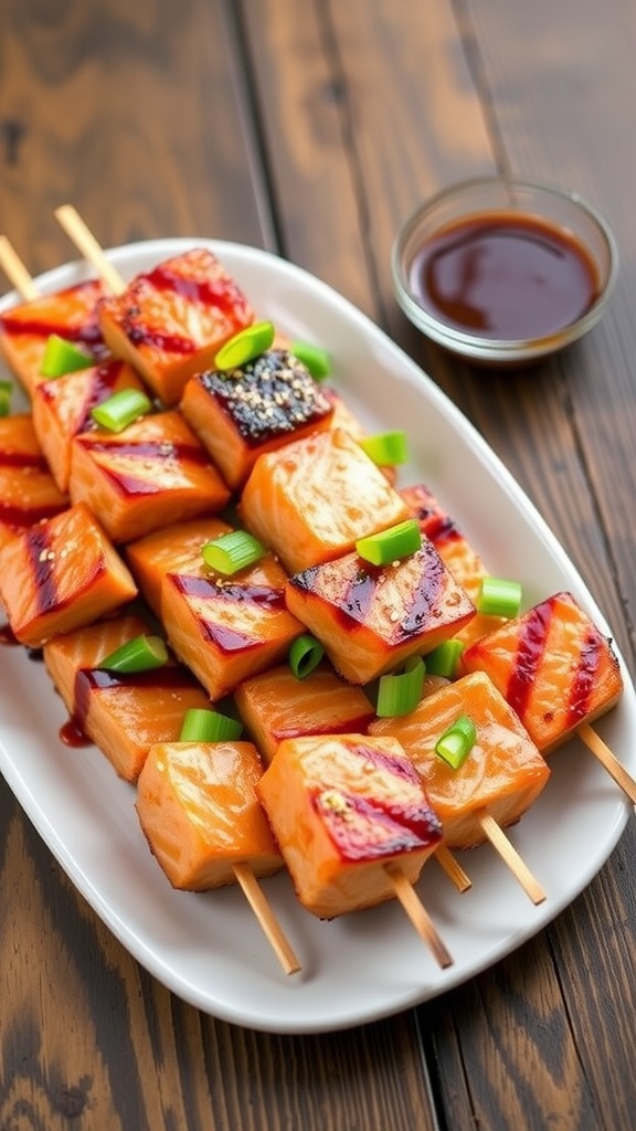 Grilled salmon teriyaki skewers garnished with sesame seeds and green onions on a rustic table.